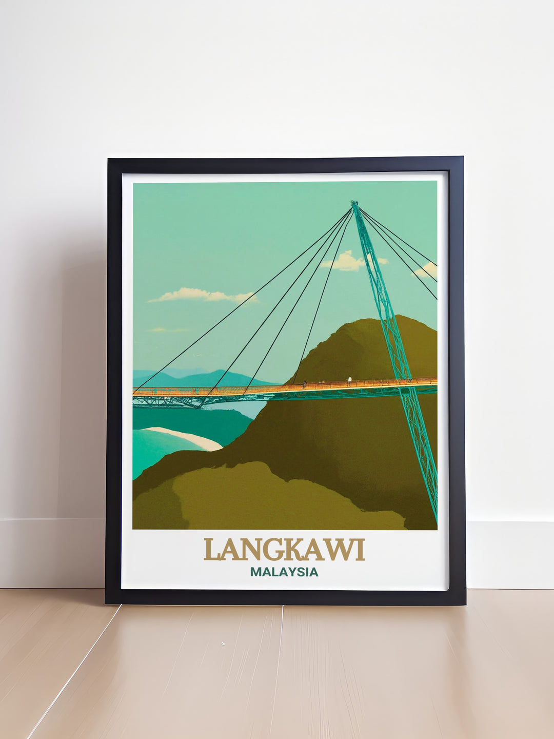 Langkawi skyline wall art featuring the iconic Langkawi Sky Bridge surrounded by the islands rich rainforests. This travel print offers a detailed and immersive experience, making it an ideal choice for personalized home decor or as a custom gift.