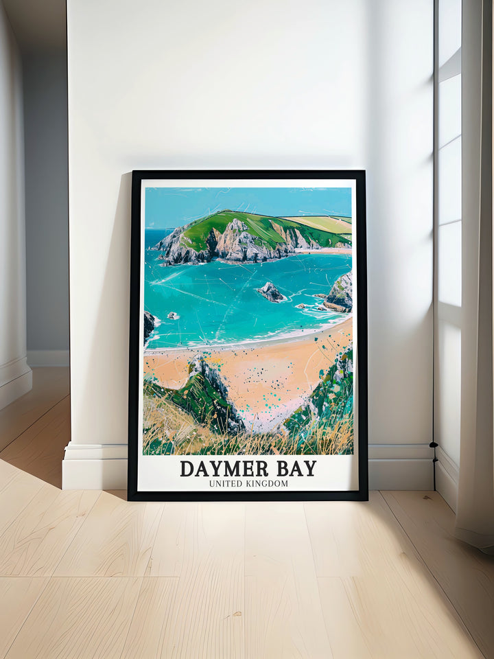 Daymer Bays expansive beach and the majestic rise of Brea Hill are captured in this canvas art, offering a tranquil view of North Cornwalls coastline. This piece is ideal for anyone looking to bring the peaceful beauty of Englands beaches into their decor.