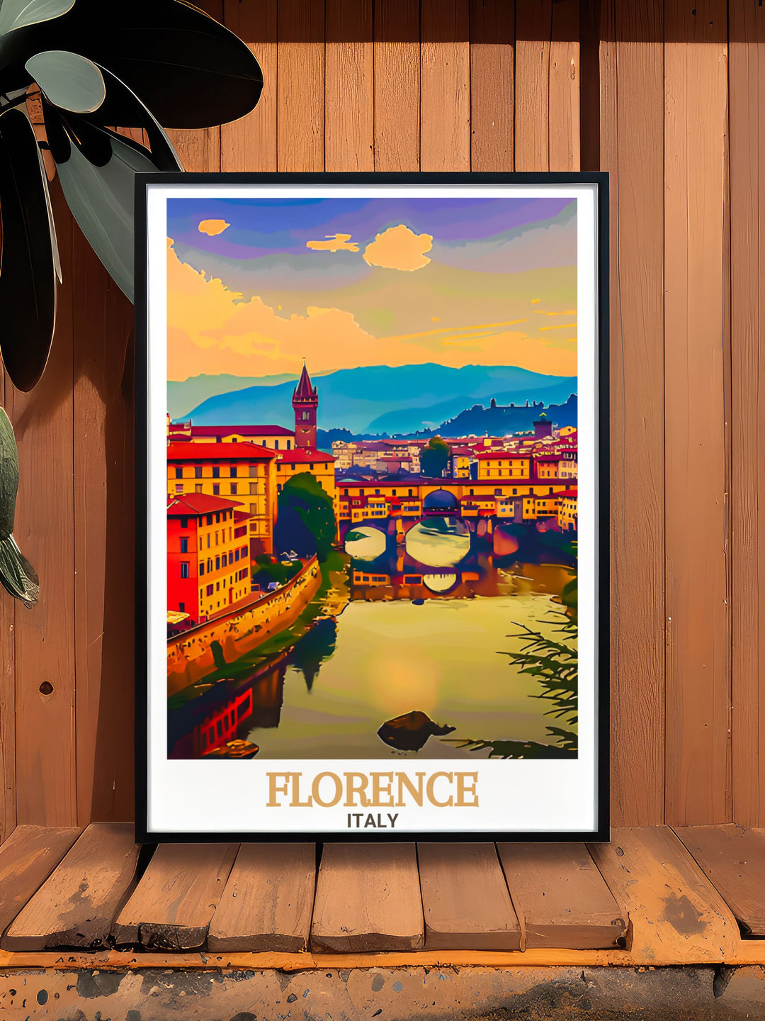 Ponte Vecchio modern decor print captures the iconic beauty of Florence Italy. This travel print offers a detailed portrayal of the famous bridge and adds a sophisticated touch to your home with its timeless Italian charm and architectural beauty