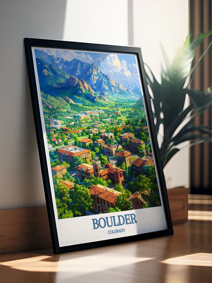 Custom print of the Flatirons in Boulder, Colorado, offering personalization options to suit your taste. Tailor the color palette and framing to create a unique piece that perfectly complements your home decor and personal style.