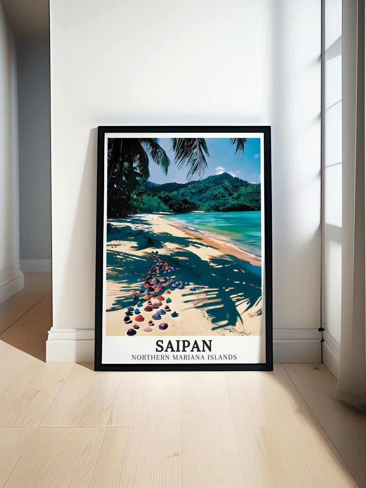 Saipan and Pacific Ocean art deco travel posters showcasing vibrant landscapes and serene waters of the Mariana Islands, including Micro Beach and Garapan. These framed travel posters are ideal for adding a touch of coastal elegance to your wall decor. Experience the charm of Saipan through our beautifully crafted art deco travel posters.