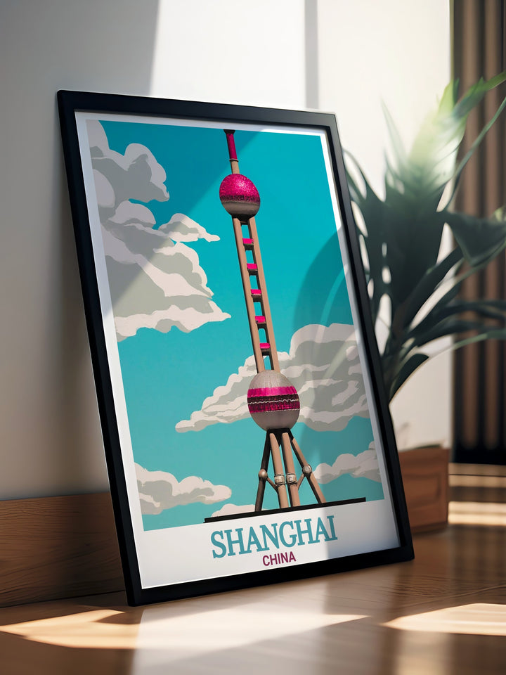 The Oriental Pearl Tower stands as the centerpiece in this Shanghai travel poster, which captures the vibrant cityscape of Chinas financial capital. The detailed design makes this an excellent piece for anyone interested in travel or architecture.