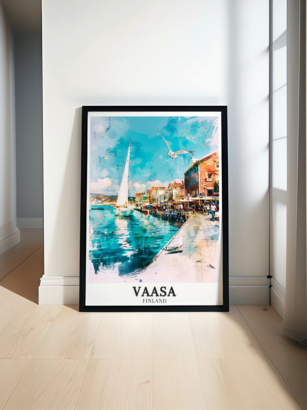 The peaceful atmosphere of Vaasas harbor is captured in this stunning travel poster. Showcasing the Baltic Sea, this artwork is a perfect way to celebrate Finlands coastal charm and makes an ideal gift for those who love nature and travel.