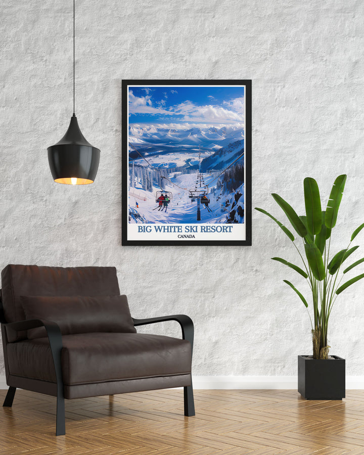 Canada travel poster featuring The Cliff Chair at Big White, with vibrant colors and intricate details that bring the serene winter landscape to life, ideal for creating a cozy and inspiring atmosphere.