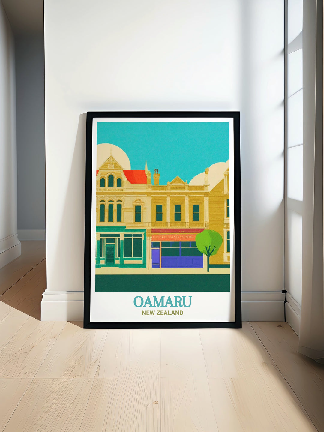 Oamaru Travel Poster featuring the historic Victorian Precinct, set against the picturesque backdrop of New Zealand. This travel poster is a must have for history enthusiasts and those who admire the architectural beauty of Oamaru.