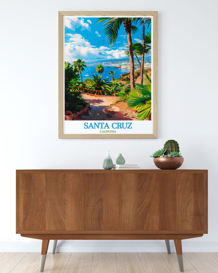 Santa Cruz wall art with Palmetum de Santa Cruz prints is the perfect way to bring California travel and art into your home. The vibrant colors and detailed design make it a stunning addition to any modern decor or as a special gift for any occasion.