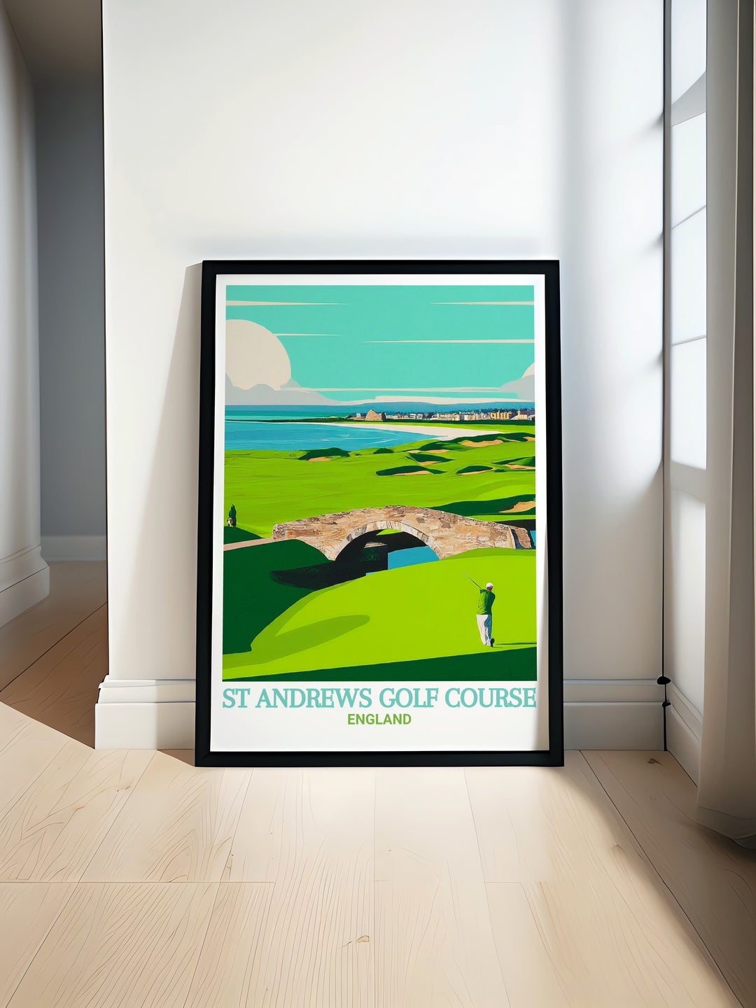 Custom print of St Andrews, highlighting the legendary Golf Course and Old Course in vivid detail. This artwork is ideal for anyone looking to bring a piece of Scotlands rich history and golfing tradition into their home or office.