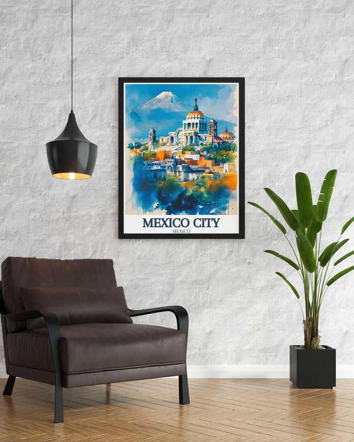 Mexico City travel print featuring the Metropolitan cathedral Zocalo Chapultepec castle. This poster highlights the architectural and cultural significance of these landmarks. Perfect for home decor and as a unique travel gift.