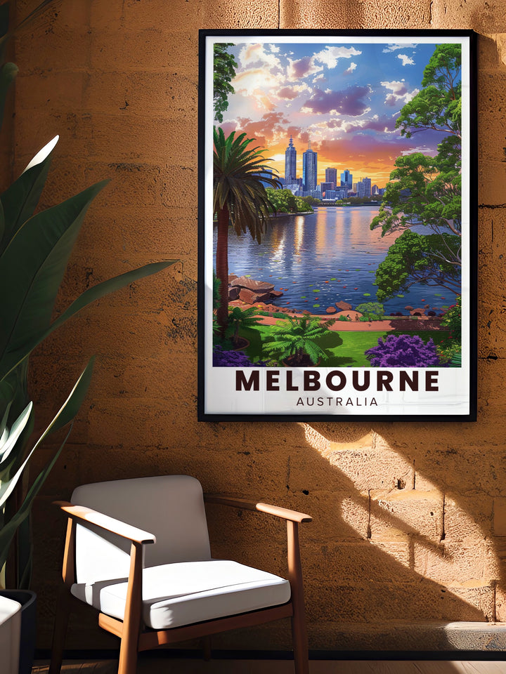 This Melbourne Travel Poster offers a striking view of both Melbournes cityscape and the lush Royal Botanic Gardens. Ideal for art enthusiasts and travelers, this print adds a touch of Australian charm to any wall.