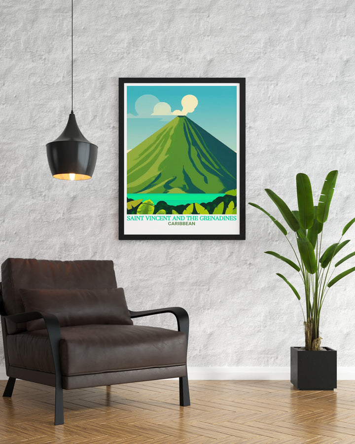 Beautiful travel print of La Soufrière Volcano in Saint Vincent, capturing the raw power and serene beauty of this iconic Caribbean landmark. This piece brings the spirit of adventure and natural wonder into your living space.