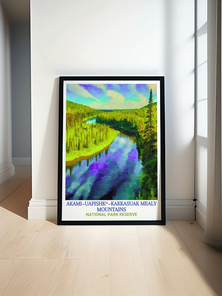 Capture the serene beauty of Eagle River with this Newfoundland travel poster. This artwork perfectly frames the peaceful flow of the river against the backdrop of the Mealy Mountains, making it an ideal piece for any nature lovers collection.