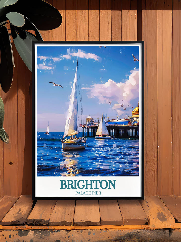 Illustration print featuring the bustling Laines of Brighton and the serene English Channel, perfect for art lovers seeking a unique and charming addition to their wall art collection.