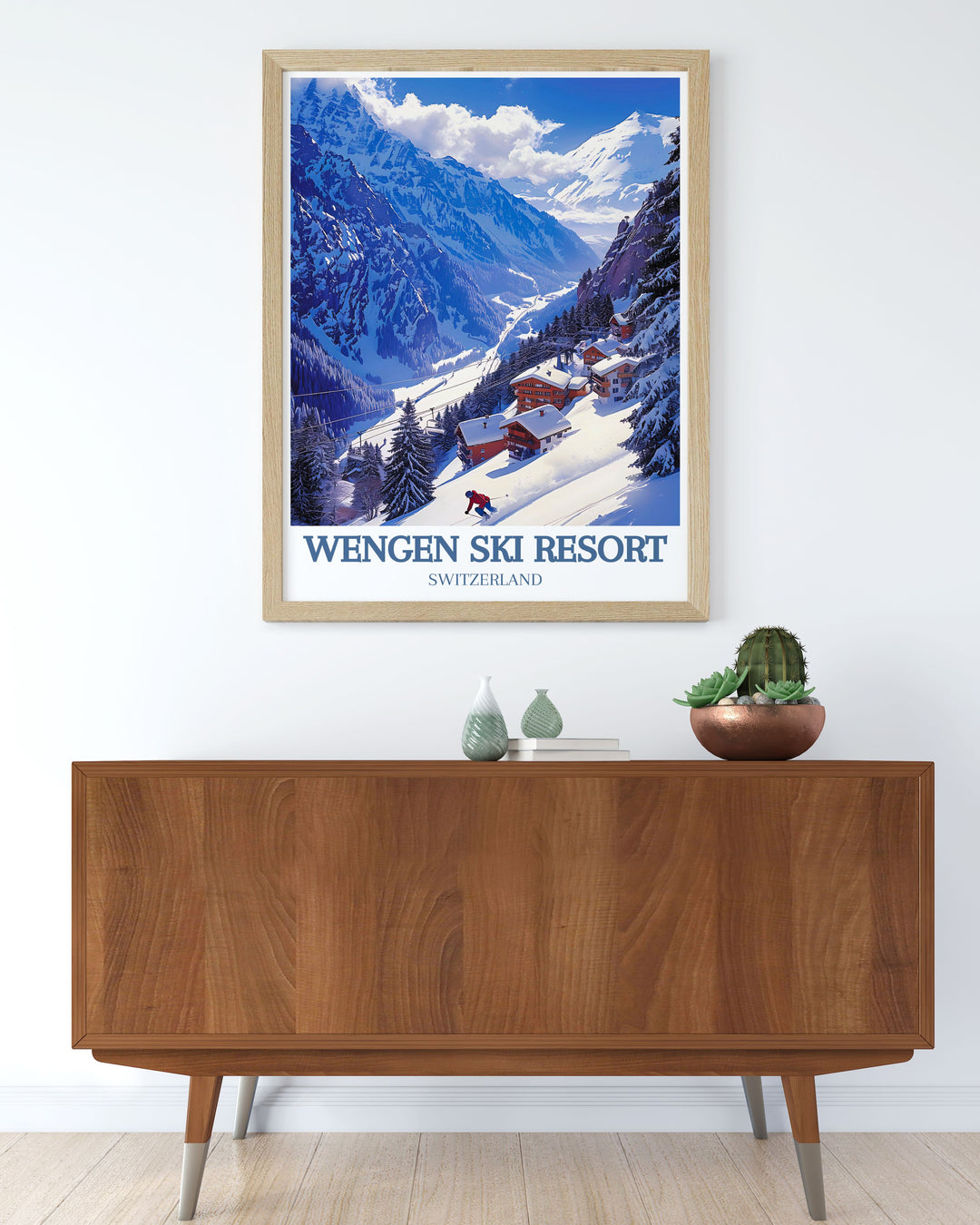 Exquisite gallery wall art of Wengen Ski Resort, capturing the charm of its snow covered chalets and scenic trails. This piece is perfect for creating a focal point that brings the serene beauty of the Swiss Alps into your home.