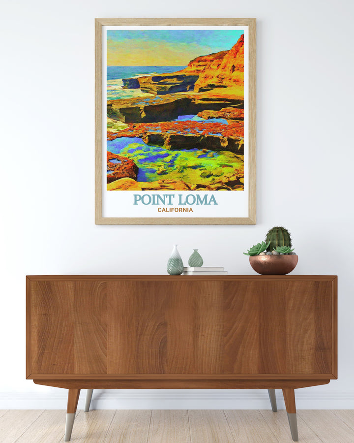 Add a piece of San Diegos iconic coastline to your home with Point Loma Tide Pools modern art this stunning print is designed to enhance your living space with its vibrant colors and detailed depiction of Point Loma making it a must have for San Diego decor