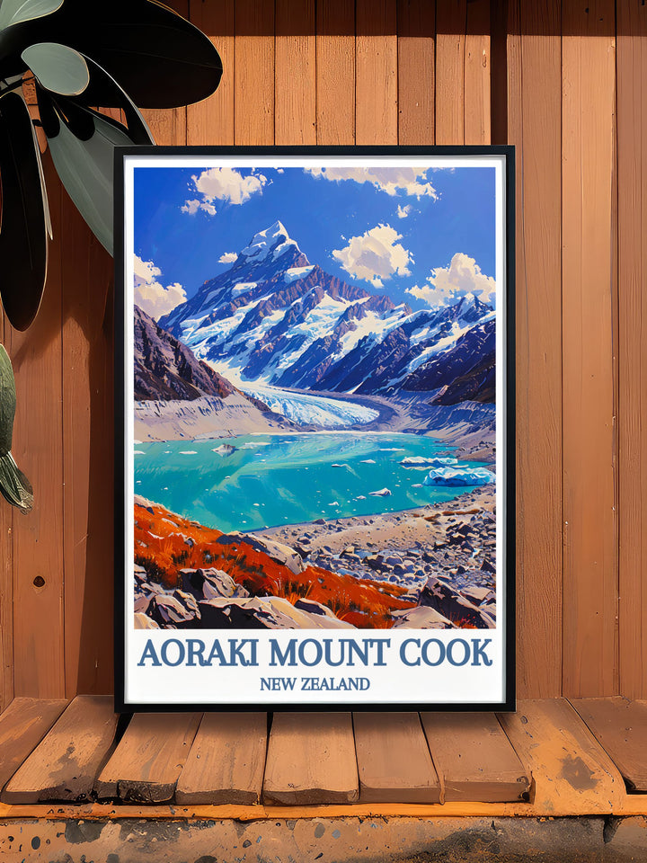 Lake Pukaki and Aoraki Mount Cook captured in a modern print, perfect for those who appreciate both New Zealands raw beauty and the elegance of modern art.