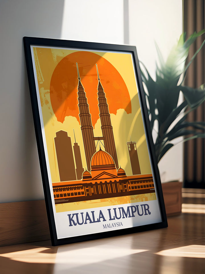 Kuala Lumpur poster highlighting the Sultan Abdul Samad Building and the iconic Petronas Twin Towers. The artwork captures the cultural and modern significance of Malaysias capital, making it a must have for collectors of world famous landmarks and global architecture.