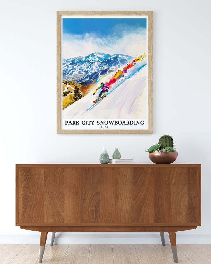 Vintage ski posters of Park City. Highlighting the exhilarating experience of snowboarding at Park City Mountain Resort, these vintage ski posters bring a retro touch to your home decor.