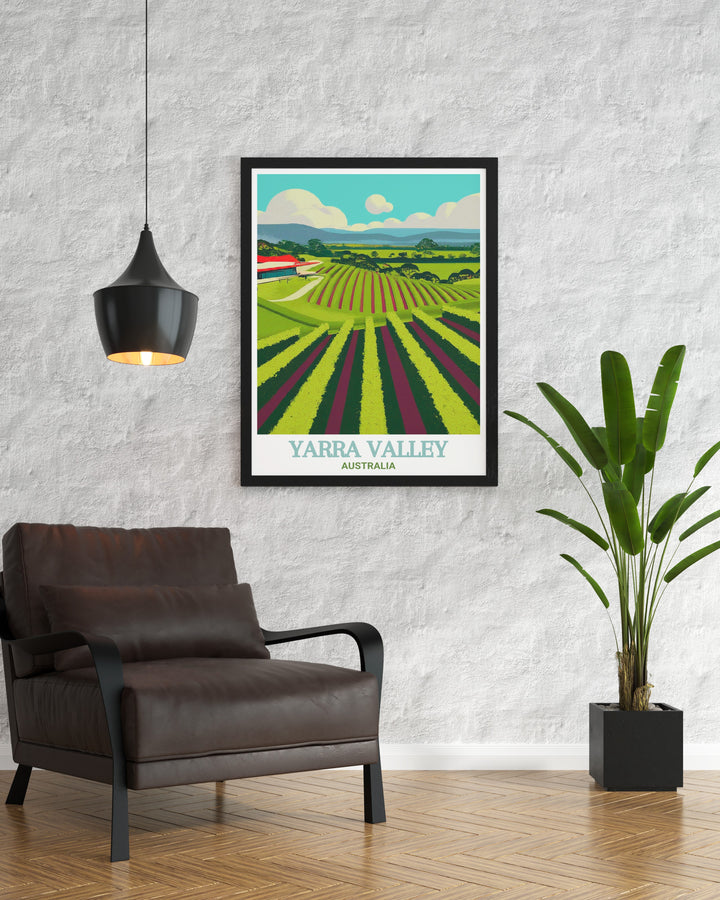 Yarra Valley Wineries travel print offers a serene look at one of Australias most beloved wine regions. This artwork highlights the rolling vineyards and peaceful countryside, making it an ideal décor piece for wine lovers and travelers alike.