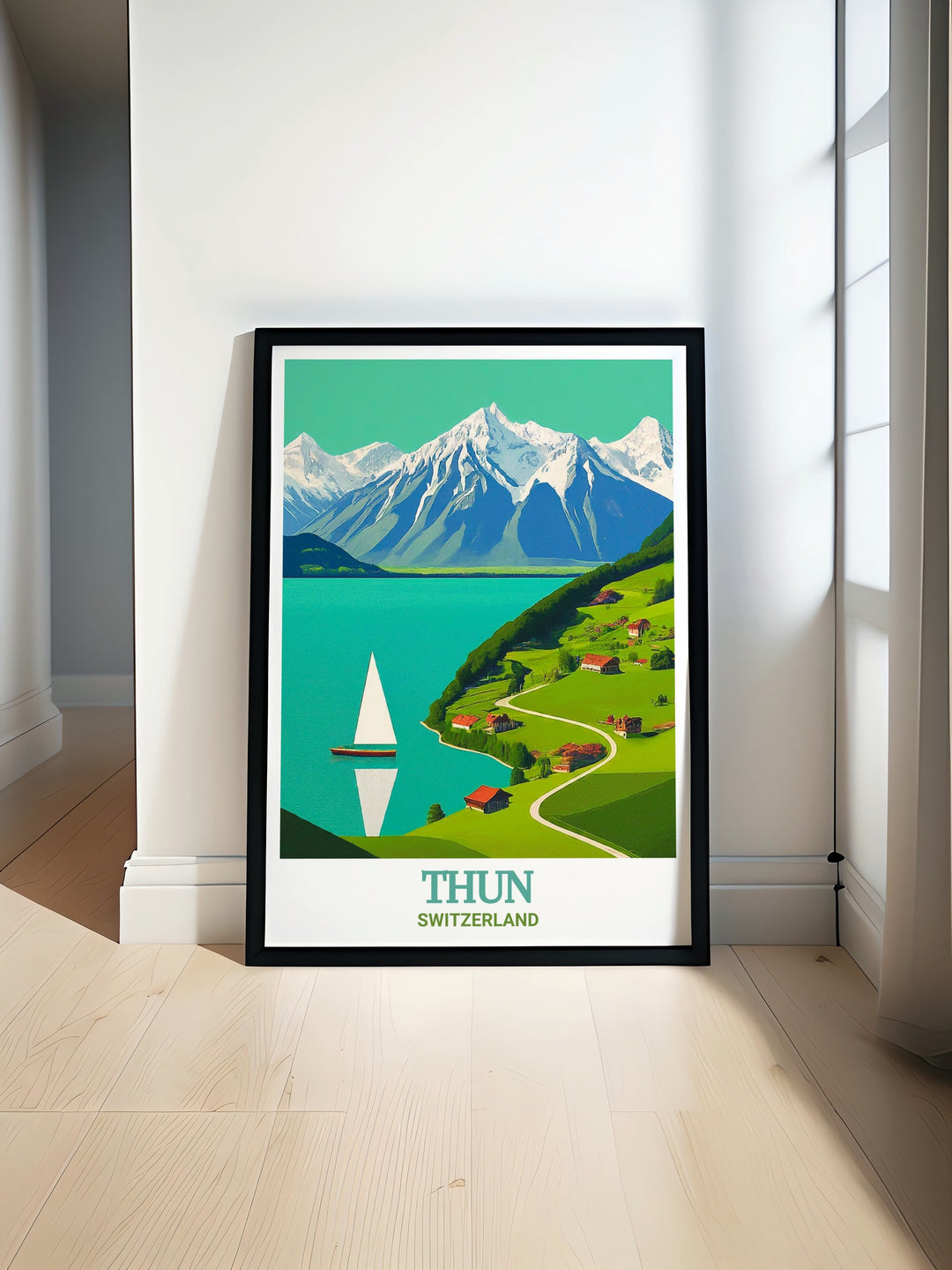 Thun Canvas Art capturing the serene beauty of Lake Thun in Switzerland. Perfect for decorating your living room or office, this print reflects the peaceful landscapes of one of Switzerlands most beautiful destinations.