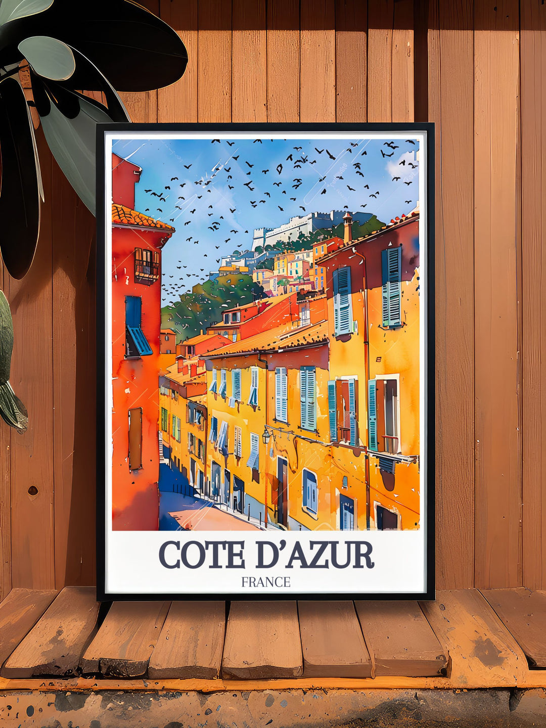 This Côte dAzur poster print showcases the Mediterranean beauty of the French Riviera, featuring Old Town Nice and the scenic views from Castle Hill. Ideal for home décor or as a France travel gift, this artwork adds vibrant colors and a touch of French charm to any space.