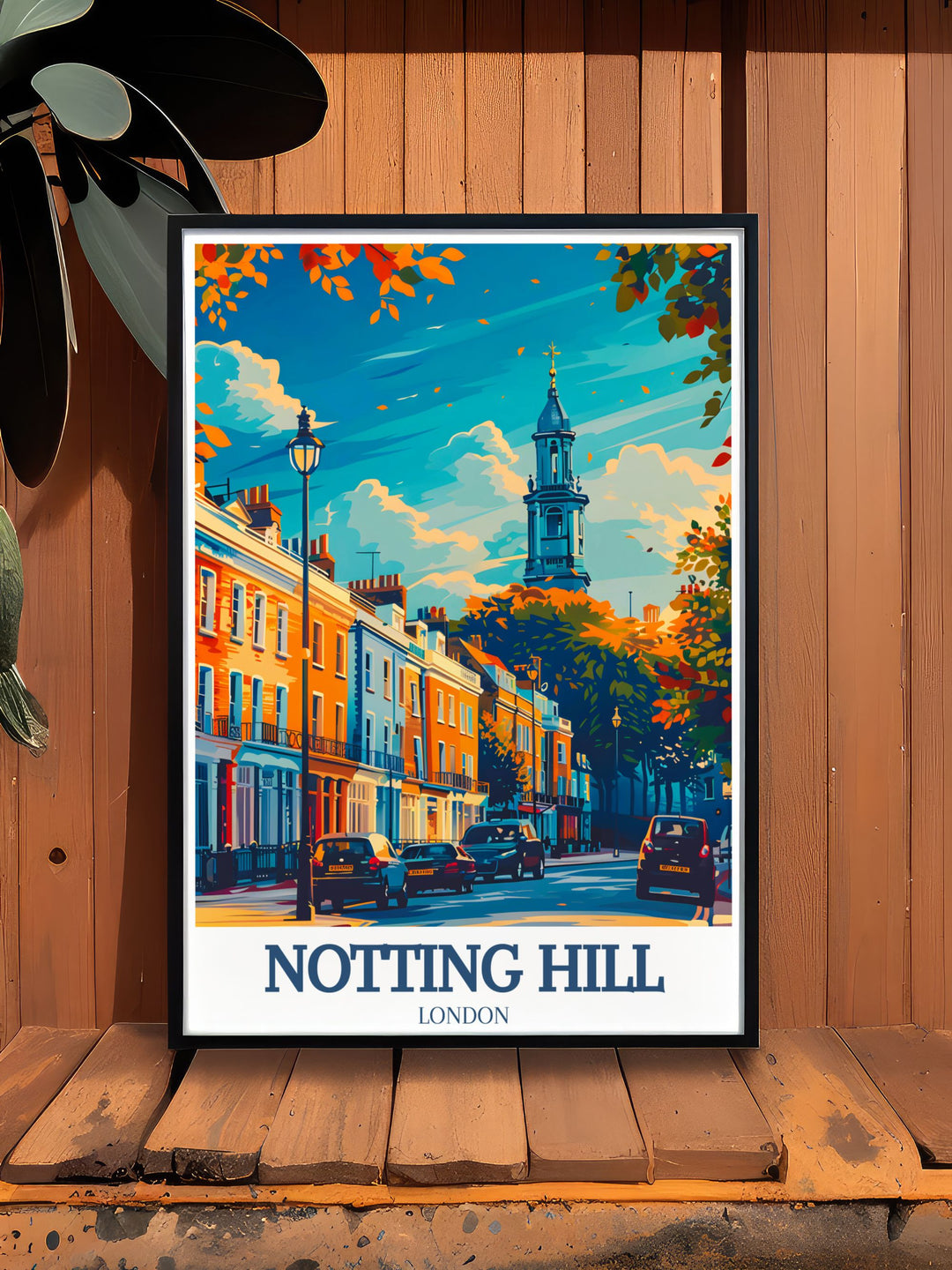 Stunning London travel print featuring Notting Hill Gate Village and St. Peters Church a perfect addition to any living room bringing the beauty of Portobello Market and West London into your home with vibrant colors and classic British architecture