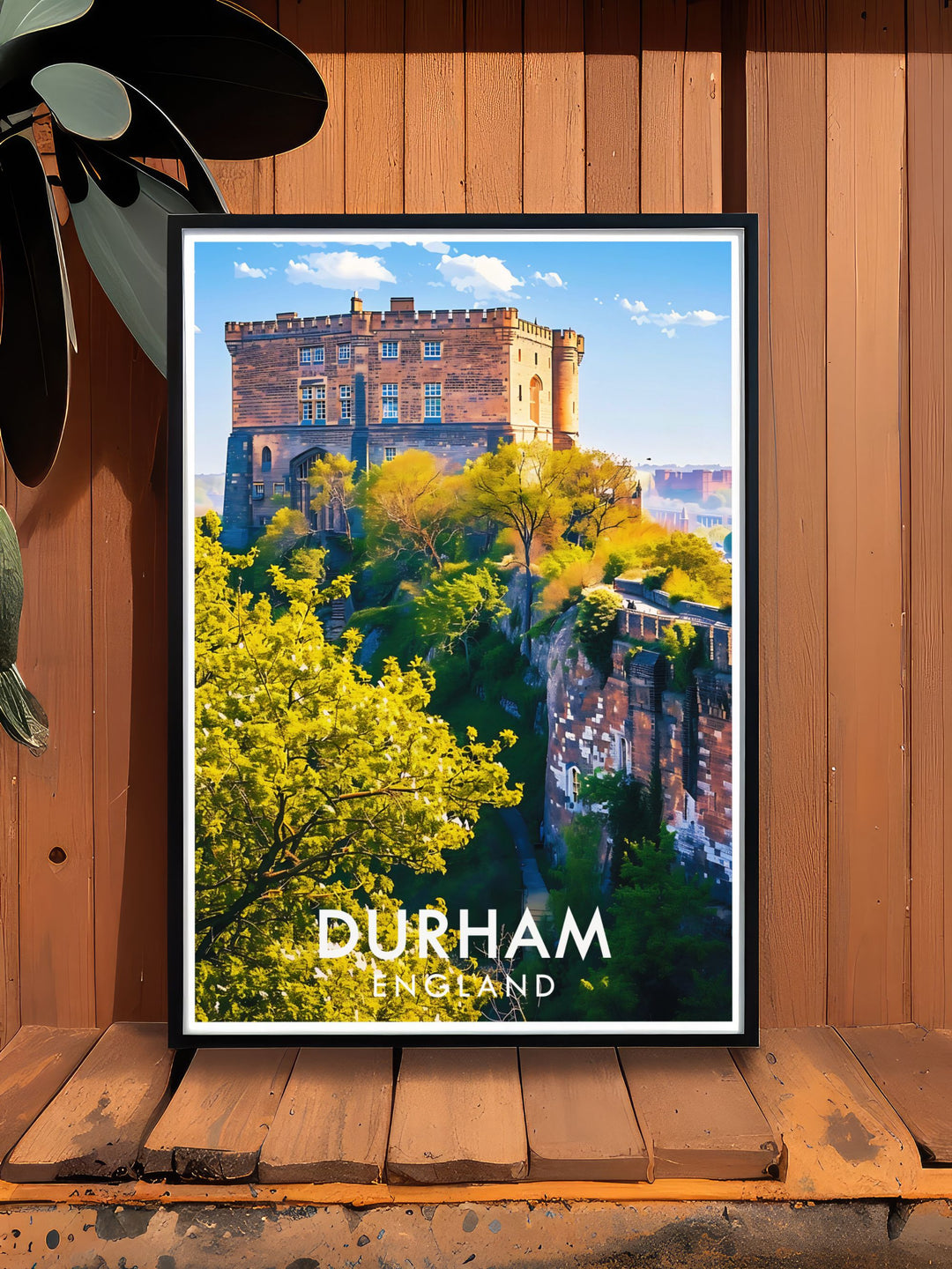Durhams enchanting streets and historic architecture are depicted in this travel poster, offering a visual journey through one of Englands most picturesque cities.