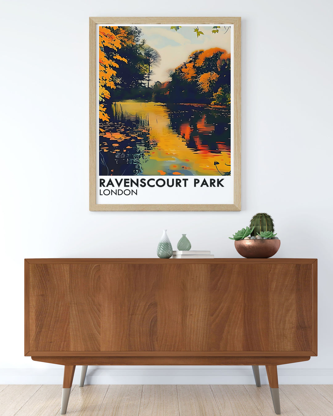 Stunning Ravenscourt Park Lake Wall Art capturing the serene landscape of the lake surrounded by greenery and historic plane trees. This print adds a touch of elegance and calmness to your living space.