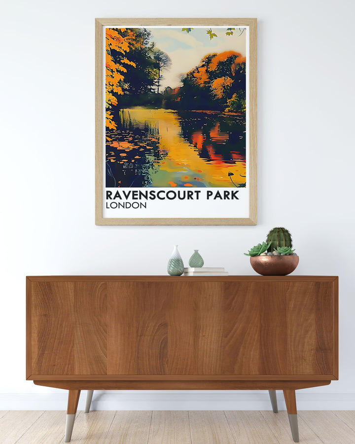 Stunning Ravenscourt Park Lake Wall Art capturing the serene landscape of the lake surrounded by greenery and historic plane trees. This print adds a touch of elegance and calmness to your living space.