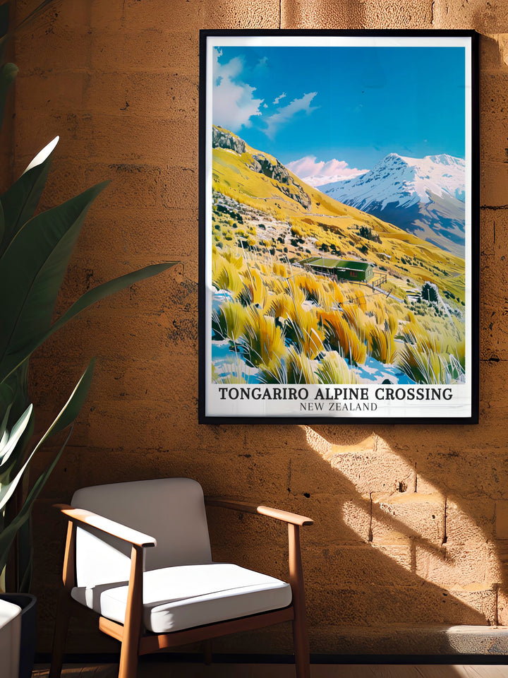 Tongariro Alpine Crossing travel poster showcasing the breathtaking views of the volcanic trail. With its sweeping landscapes and dramatic skies, this piece is perfect for those who love New Zealands rugged beauty.