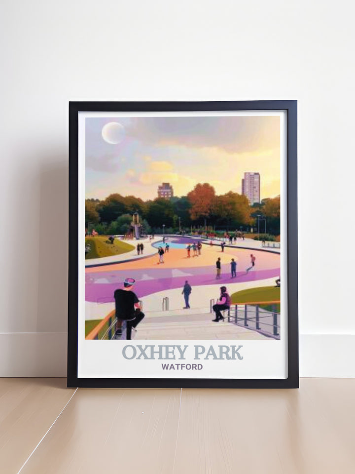 Bring the essence of Hertfordshire into your space with Oxhey Park Skate Park Modern Art featuring stunning prints that capture the beauty of Oxhey Park Watford from its conker trees to its vibrant skate park perfect for modern and elegant home decor.