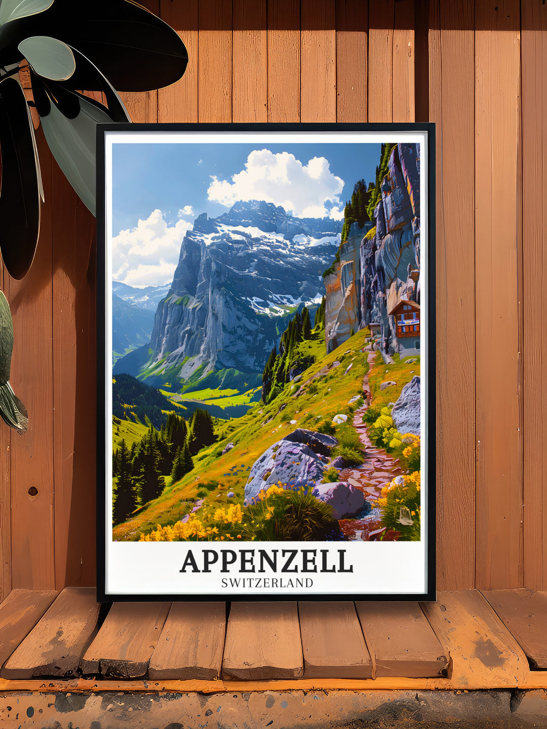 Ebenalp Mountain travel print featuring the dramatic peaks of this famous Swiss landmark. The artwork captures the rugged beauty of the Alps and the peaceful charm of Appenzell, ideal for any room.