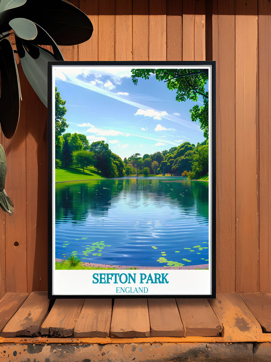 Beautiful Liverpool painting depicting the iconic Liver Building with a serene Sefton Park Lake backdrop. This framed print captures the essence of Liverpools history and natural splendor, perfect for art and travel enthusiasts.