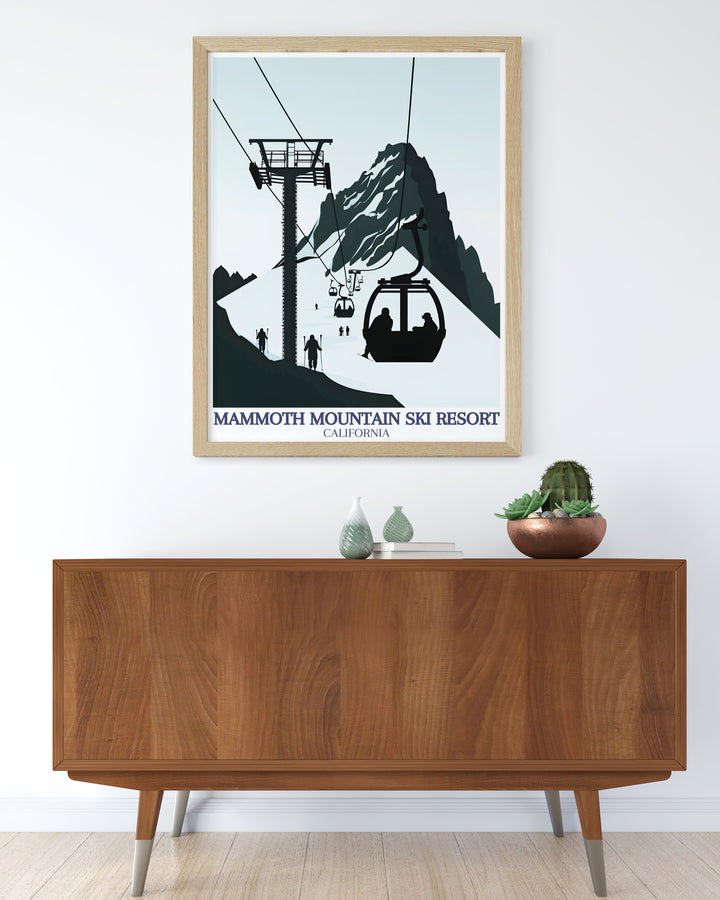 This Mammoth Mountain poster print features the renowned ski resort with a focus on its dramatic mountain scenery and the welcoming Main Lodge. The Inyo National Forest travel poster completes the set, showcasing a tranquil landscape that contrasts the energetic slopes.