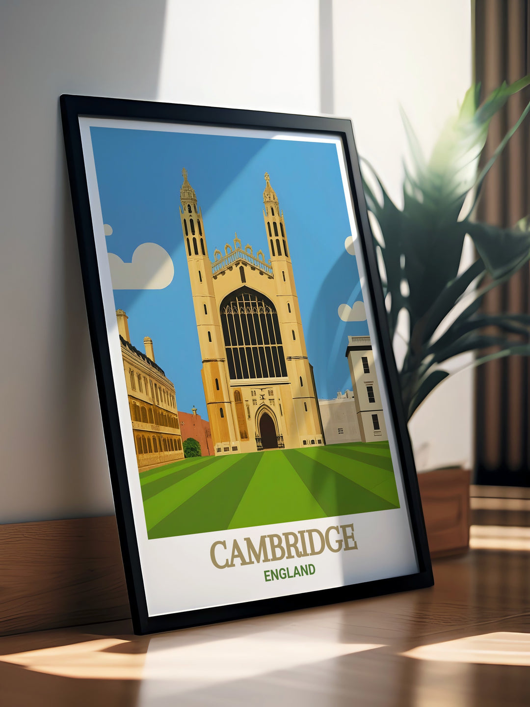 Cambridge Uni vintage travel print highlighting the timeless beauty of Trinity College and Kings College Chapel ideal for adding a touch of classic charm to any space