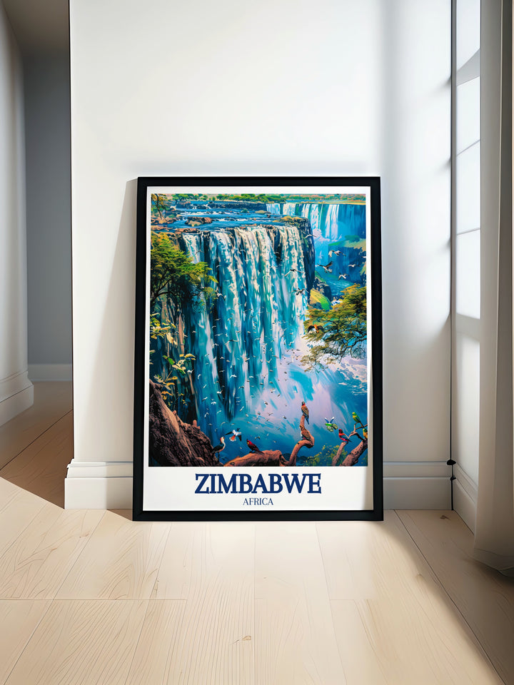 Celebrate Zimbabwes iconic landmarks with this striking wall print of the Eastern Highlands and Victoria Falls. Perfect for nature lovers and travelers alike, this art piece captures the splendor of Africas diverse landscapes, making it a thoughtful gift for any occasion.