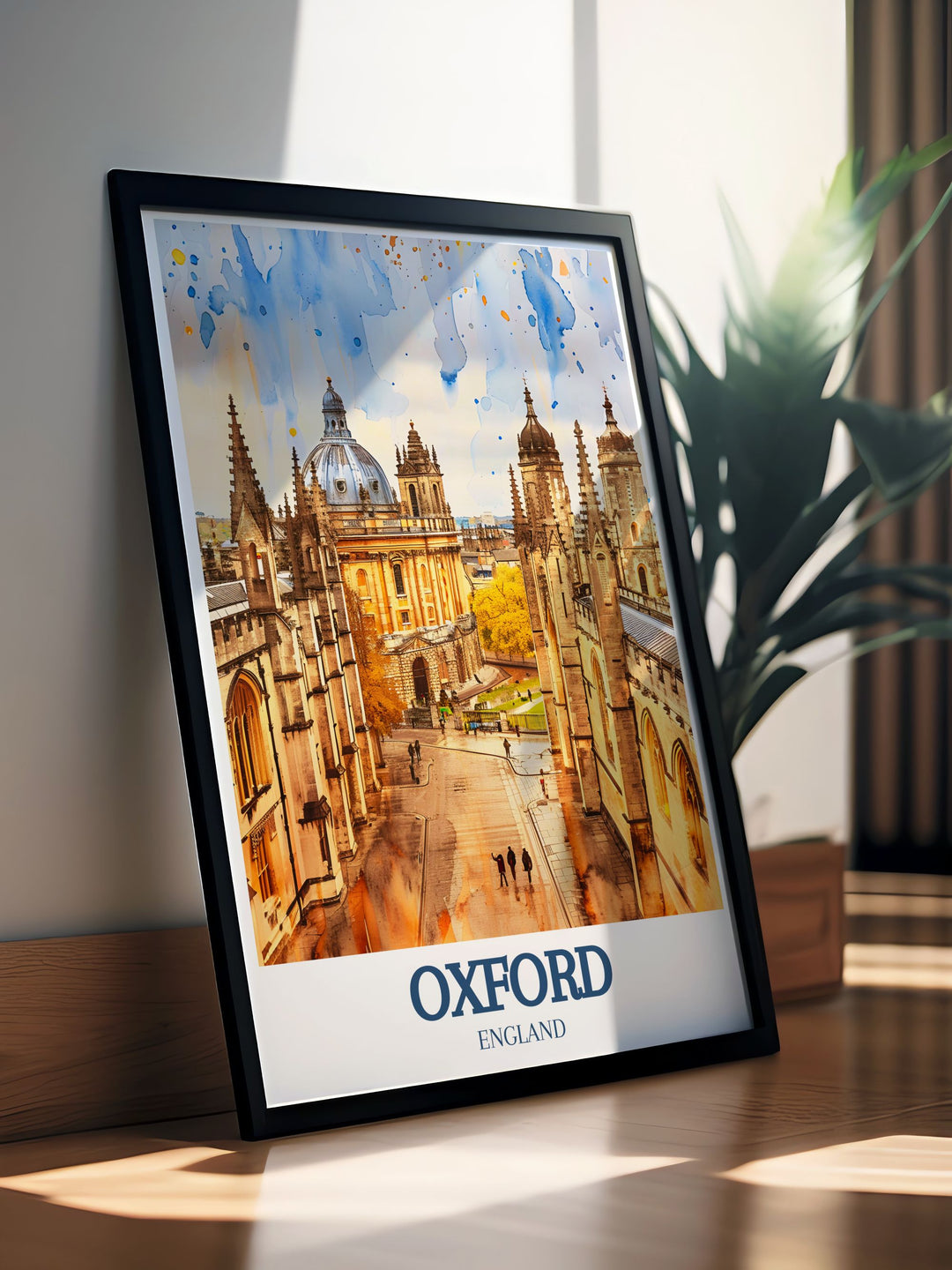 Elegant Oxford skyline illustration with detailed depictions of Radcliffe Camera and University of Oxford a great addition to any UK wall decor collection