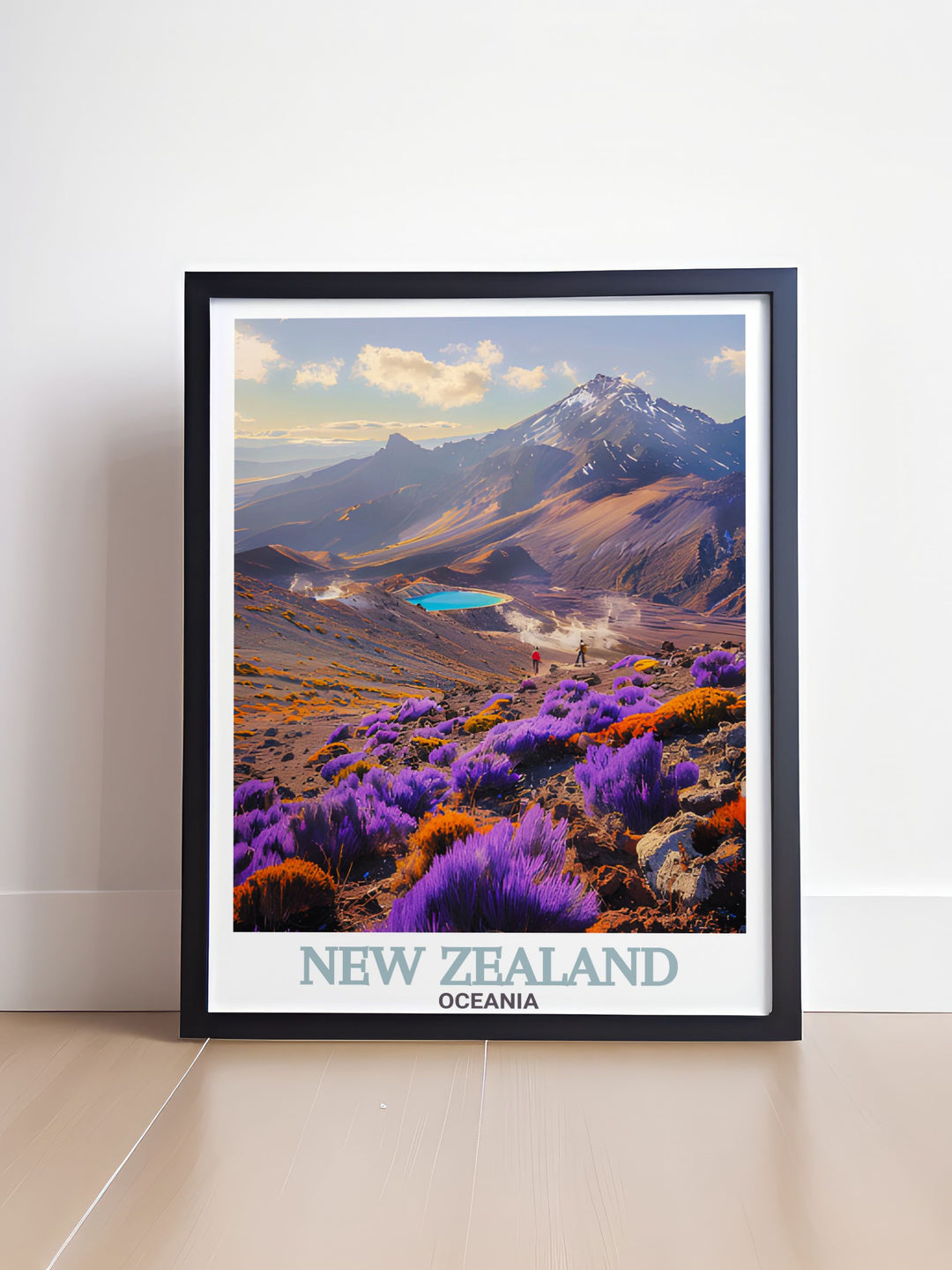 Vibrant vintage travel print featuring Tongariro National Park and Akaroa Lighthouse perfect for enhancing your living room decor with national park beauty and retro art design a great addition for those who love bucket list prints.