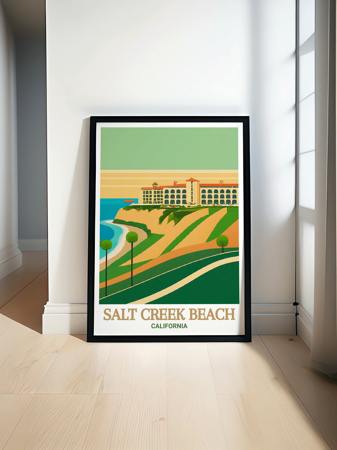 This California Print showcases Salt Creek Beach and the Ritz Carlton Laguna Niguel, highlighting the tranquil waves and golden sand. The detailed artwork reflects the peaceful atmosphere of the California coast, ideal for adding a touch of elegance to any room.