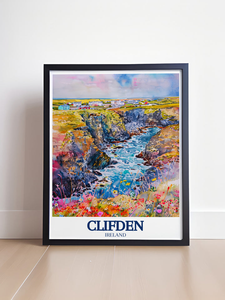 This wall decor piece features Clifden and the Wild Atlantic Way, with the stunning landscapes of Connemara beautifully rendered. The artwork is a celebration of Irelands natural beauty, perfect for bringing a touch of the Irish coast into your home.