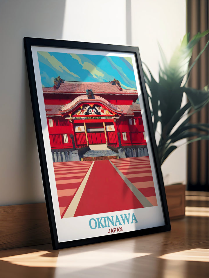 Shuri Castle vintage print capturing the traditional Ryukyu architecture and rich history of Okinawa a perfect addition to any room for those who appreciate Japan prints and unique decor