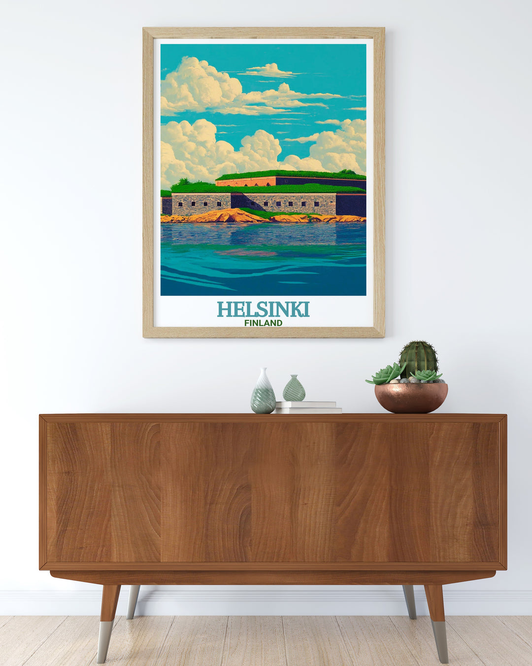 This Finland canvas art focuses on Suomenlinna Fortress, a UNESCO World Heritage site. The travel poster captures the historic fortress detailed architecture and the surrounding natural beauty of the Finnish coast, making it an ideal piece for home décor.