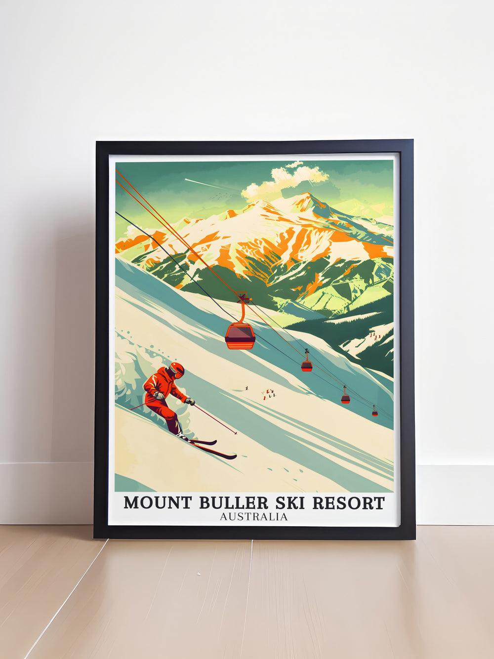 Mount Buller Poster Print featuring the majestic slopes of Australias premier ski resort. The artwork captures the vibrant winter landscape with snow covered peaks, bustling ski lifts, and the serene Victorian Alps backdrop. Perfect for winter sports enthusiasts and lovers of alpine scenery, this print brings the adventure of Mount Buller into your home.