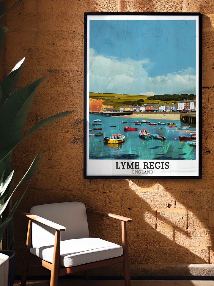 The dramatic beauty of Lyme Regis and the Jurassic Coast is captured in this travel poster, with the historic Cobb in the foreground. The artworks rich colors and intricate details make it a standout piece for anyone who loves the English seaside and UK landmarks.