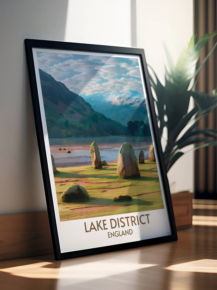 Scenic Lake District art featuring the Castlerigg Stone Circle. This vintage print beautifully portrays the mystical and historical charm of North West Englands famous landmark, adding a touch of tranquility to any rooms decor.
