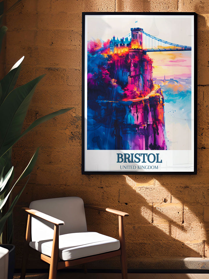 Nova Trail MTB art print from Ashton Court Bristol featuring the Clifton suspension bridge River Avon. This piece of cycling wall art is perfect for mountain biking enthusiasts and fans of Bristols iconic landmarks, adding excitement to any room.