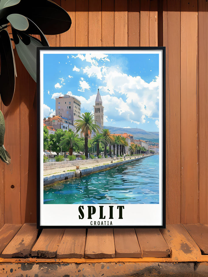The picturesque Riva Promenade and the vibrant culture of Split are beautifully illustrated in this poster, offering a glimpse into the fascinating history and scenic beauty of Croatia.