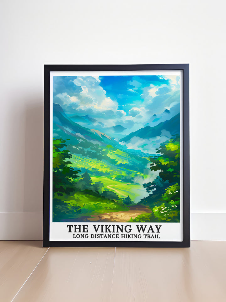 Lincolnshire wall art showcasing The Viking Way Long Distance Hiking Trail with views of Trolltinden mountain peaks. A detailed fine line print highlighting the intricate beauty of the trail. Perfect for adding a touch of natural elegance to your living space, celebrating the rich landscapes of Lincolnshire.