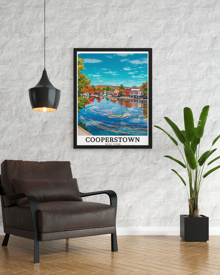 This vintage poster brings together Cooperstowns downtown charm and the scenic tranquility of Otsego Lake. Ideal for decorating living rooms or offices, it showcases one of New Yorks finest towns.