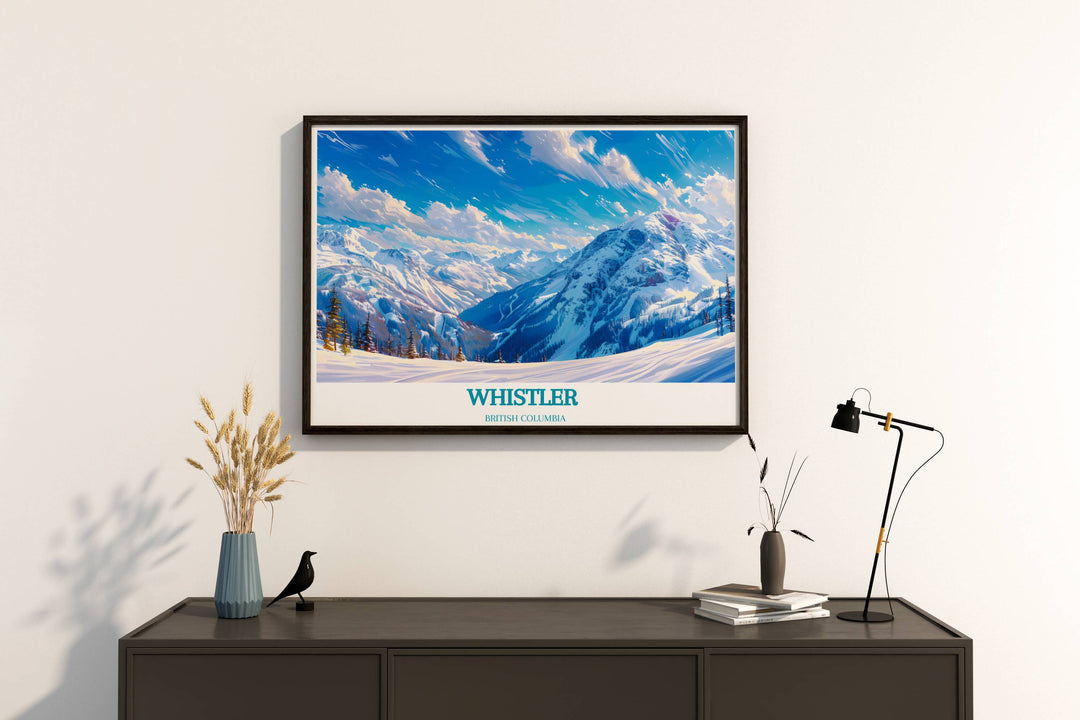 Modern wall decor featuring Whistler Blackcomb, British Columbia. This print highlights the resorts expansive views and winter activities, ideal for adding a contemporary touch of alpine adventure to your living space.