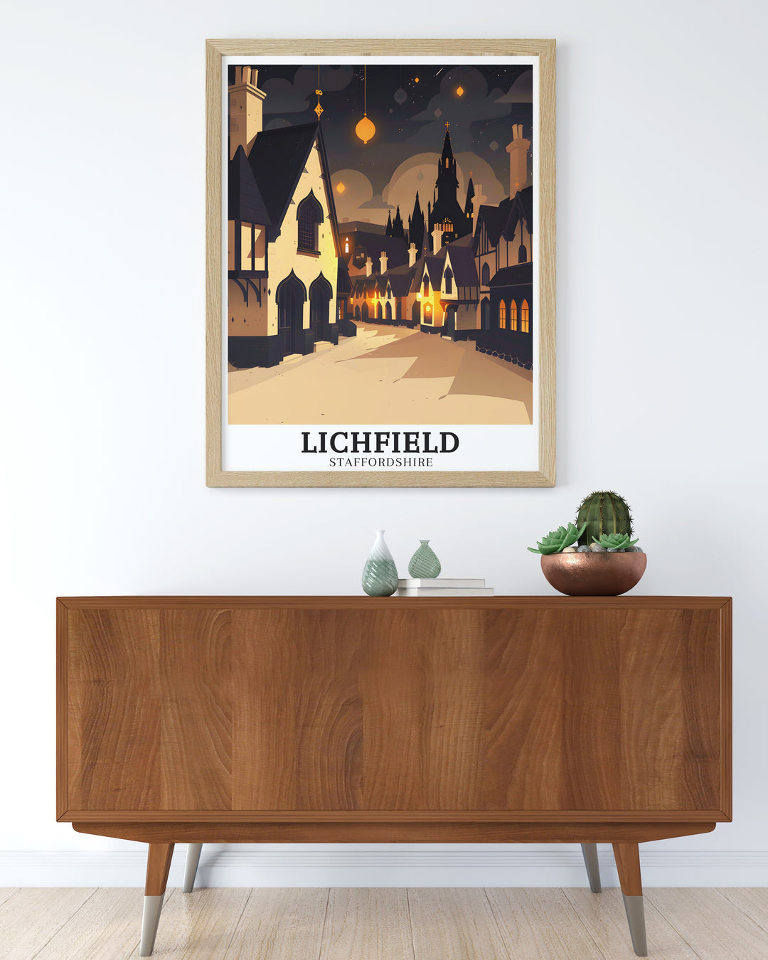 This Lichfield canvas art features the town centre and Lichfield Cathedral, blending the towns urban energy with the peacefulness of its historic landmarks. Ideal for anyone who loves British travel art, this piece captures the essence of the English countryside.